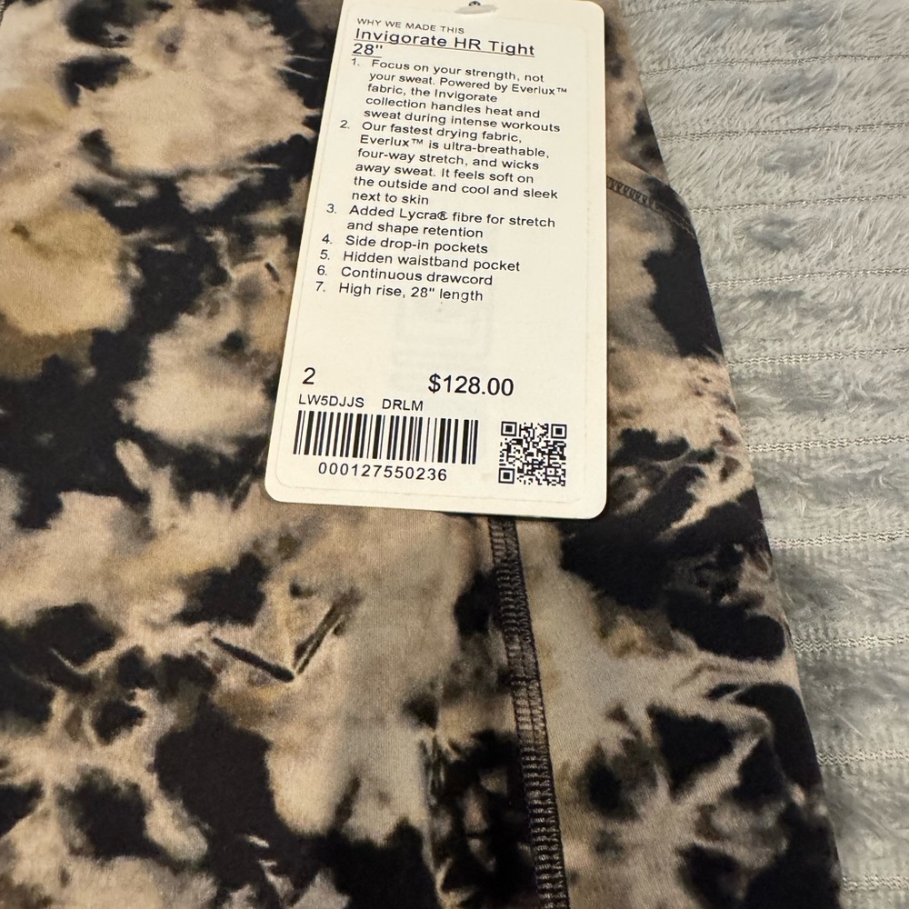 Lululemon Invigorate High Rise 28” Leggings black/cream Tie Dye Size 2 NWT